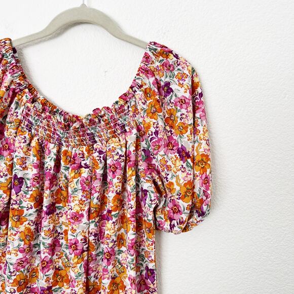 [W5] Pink Orange Floral Print Puff Sleeve Smocked Neck Scoop Blouse Sz Medium M - Picture 6 of 10